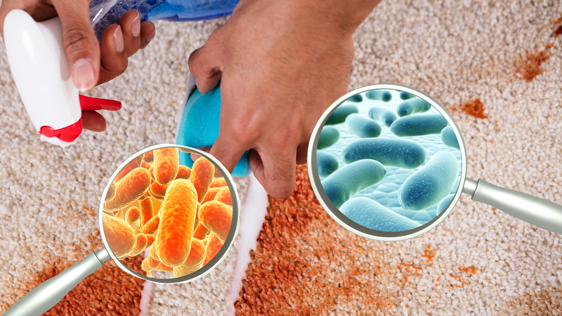 Close-up of carpet care and stain removal, revealing microscopic bacteria in fibers.